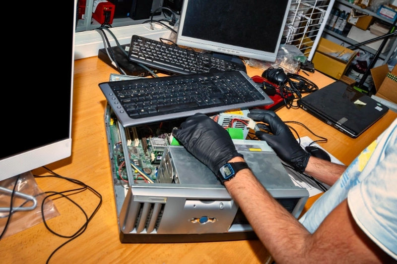 a person in gloves fixing a computer